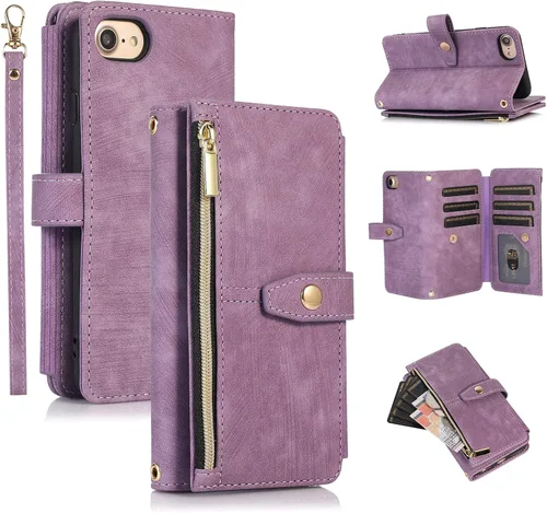 Vista 22 de UEEBAI Funda tipo cartera para iPhone SE 2022 5G/iPhone 7/iPhone 8/iPhone SE 2020, retro con 9 ranuras para tarjetas, bolsillo con cremallera, funda