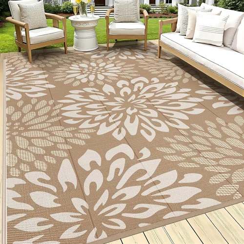 Vista 23 de HEBE Alfombra impermeable para exteriores de 5 x 8 pies para patios, alfombra de paja de plástico reversible floral, alfombra de patio, alfombra