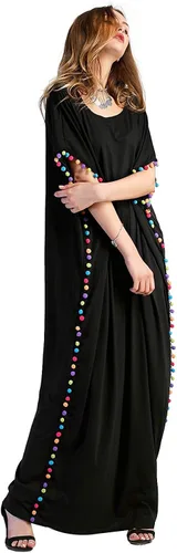 Vista 4 de Floerns Maxivestido caftán holgado con cuello redondo y ribete de pompón para mujer