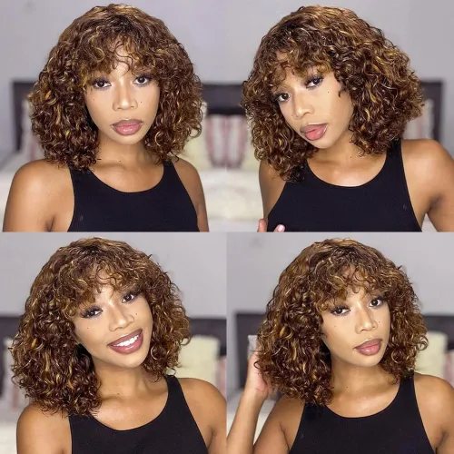 Vista 5 de Peluca de cabello humano corto rizado degradado con flequillo, peluca rizada sin pegamento Wear and Go None Lace Wigs for Black Women Human Hair