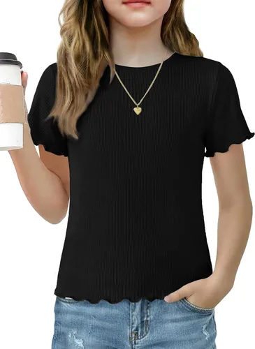 Vista 23 de Arshiner Camisas de manga corta con ribete de lechuga para niñas, camisetas de verano acanaladas con cuello redondo Blanco