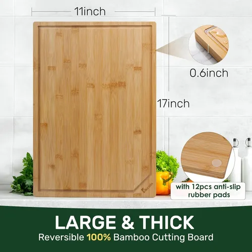Vista 3 de Kikcoin Tablas de cortar de bambú de 17 x 11 pulgadas para cocina, tablas de cortar de madera de grado alimenticio aptas para cuchillos para cocina