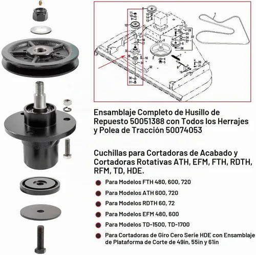 Vista 3 de Kit completo de ensamblaje de eje 50051388, piezas de repuesto y polea de tracción 50074053 con todos los accesorios. Compatible con Bush Hog RDTH