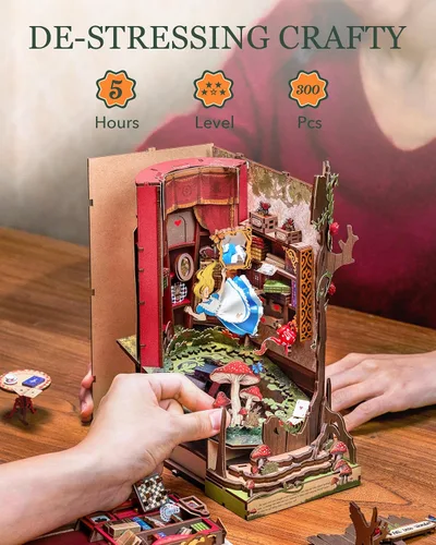 Vista 9 de Kits de rincones de libros DIY de Rolife: Caen en el asombro, separadores de libros de cuentos de hadas de madera, rompecabezas 3D para decoración