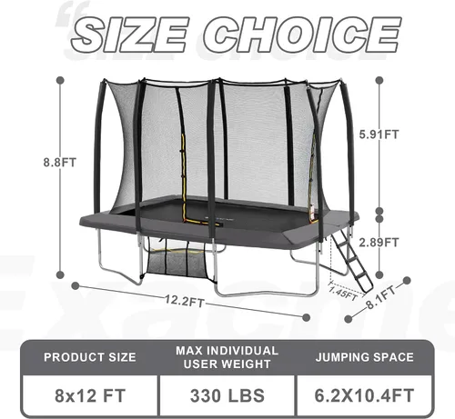 Vista 5 de Exacme Trampolín Rectangular de 7 x 10, 8 x 12, 9 x 14 Pies para Niños, Aberturas de Cerramiento Dobles, Trampolín Rectangular Pequeño para Gris