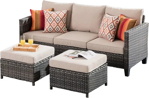 Vista 11 de ovios Juego de muebles de patio de 3 piezas para exteriores con otomanas, sofá de ratán de mimbre con reposapiés, cómodos cojines, sofás para todo