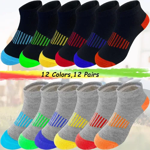 Vista 21 de 12 pares de calcetines de algodón atléticos para niños, calcetines de algodón medio acolchados de corte bajo