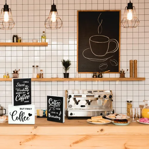 Vista 7 de Woanger 6 letreros de madera para cafetería, decoración de casa de campo pero primer café, letreros de mesa de madera rústica, accesorios