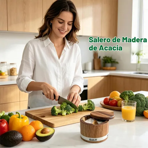 Vista 2 de ThougrLyh Bodega de sal, recipientes de sal de madera de acacia con tapa Caja de sal de madera de acacia