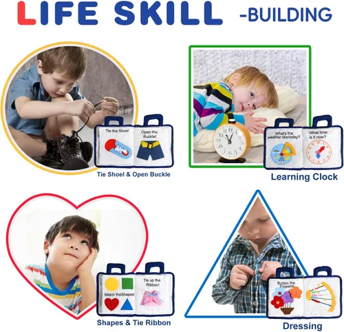 Vista 5 de Jollybaby Libros suaves y ocupados de 10 páginas, mi libro tranquilo, juguete de viaje y educación sensorial Montessori, juguete de actividades