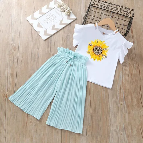 Vista 2 de Conjuntos de ropa para niñas pequeñas de verano con girasol, camiseta de gasa fruncida, pantalones sueltos para niños (verde menta, 3 años)
