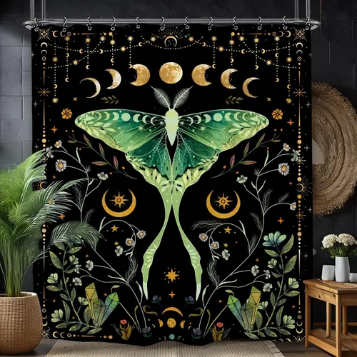 Vista 23 de Cortina de ducha gótica del zodiaco con fases lunares, constelación, astrología, galaxia, misteriosa, tarot, bruja, estética, 60 pulgadas de ancho