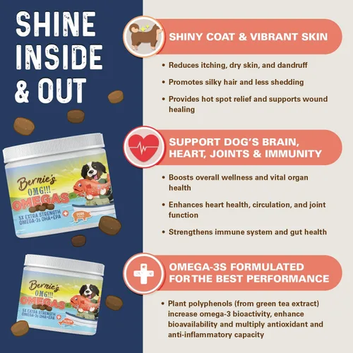 Vista 3 de Bernie's OMG! Gomitas de Omegas para Perros - 5 veces más Fuerte DHA+EPA, Aceite de Pescado, Piel y Pelaje Saludables, Alivio de Alergias