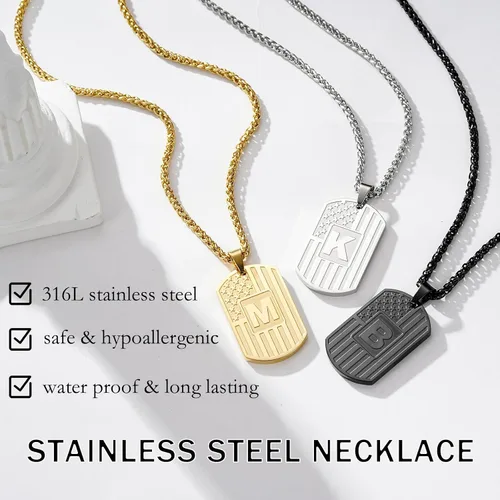 Vista 5 de Bellino Regalos de graduación – Collar con letra inicial de la A a la Z para hombres, niños, adolescentes, acero inoxidable, bandera estadounidense