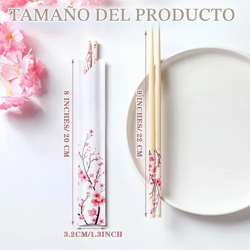 Vista 2 de 50 pares de palillos de flor de cerezo a granel con funda azul, palillos desechables de bambú de eucalipto, favores de boda, suministro de comida