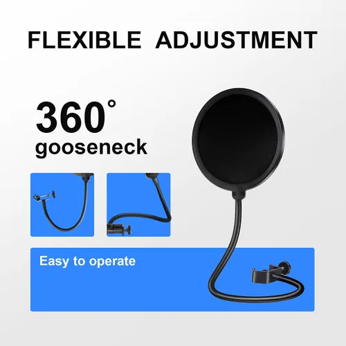 Vista 3 de Suuntok - Filtro de pop para micrófono para Blue Yeti y otros micrófonos, pantalla de viento de doble capa con clip de cuello de ganso flexible