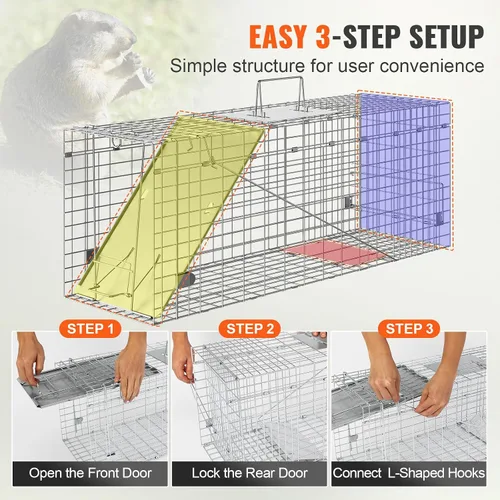 Vista 5 de VEVOR Trampa de jaula para animales vivos, 31 x 10 x 12 pulgadas, trampa para gatos humanitarios de hierro galvanizado, trampa plegable