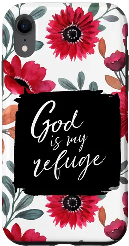 Vista 25 de God is My Refuge - Carcasa para iPhone 16, diseño de flores rojas con versículo bíblico del Salmo 91
