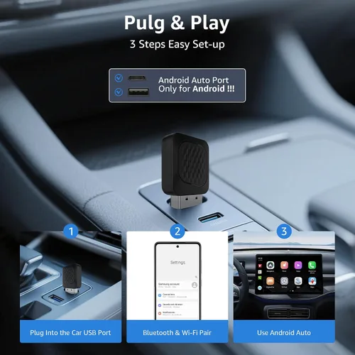 Vista 4 de Ayake Adaptador inalámbrico Android Auto, Edición Mini más pequeña, Convierte Android Auto con cable a inalámbrico, Adaptador Plug & Play, Diseño