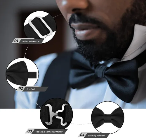 Vista 4 de ULEEMARK Tirantes para hombre, hebilla ajustable con tirantes para hombre, clip fuerte, tirantes elásticos en forma de Y y juego de pajarita