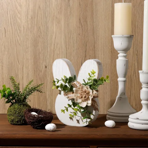 Vista 4 de Decoraciones de Pascua para el hogar: Rústica Antigua Conejito de Madera Feliz Pascua Mesa, Conejo Blanco de Granja con Flores Conejo de Madera