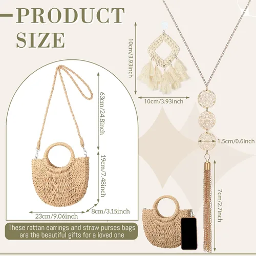 Vista 2 de Cunno Juego de bolsas de paja para mujer, diseño de embrague tejido de vacaciones 2024, bolso cruzado de verano, bolsos de hombro bohemios, aretes