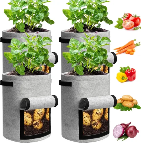 Vista 12 de JJGoo Juego de 2 bolsas de cultivo de patatas de 10 galones con solapa, bolsas de cultivo de tela resistentes con asa y ventana de cosecha, macetas