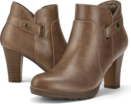 Vista 11 de mysoft - Botines de mujer con cremallera, tacón grueso apilado, botas de tobillo con hebilla y correa en el tobillo Marrón (Brown Buckle)