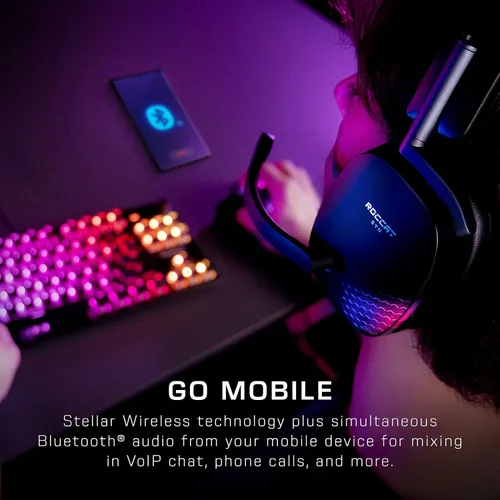 Vista 5 de ROCCAT Syn Max Air PC Wireless 3D Audio RGB - Auriculares para juegos, conexiones inalámbricas y Bluetooth simultáneas, batería de 16 horas y base