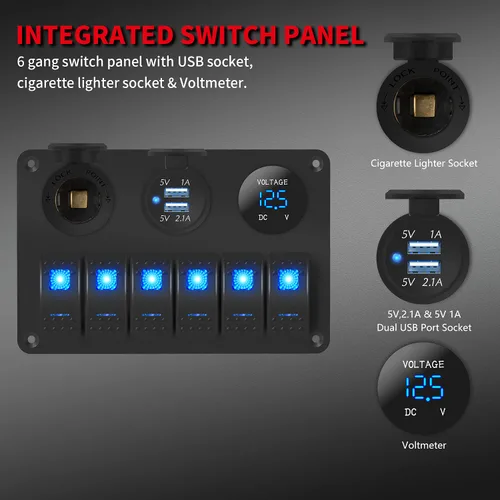 Vista 3 de DaierTek Panel de interruptores basculantes marinos de 6 bandas, impermeable, 12 voltios, panel de interruptor de palanca de barco de 12 V con luz