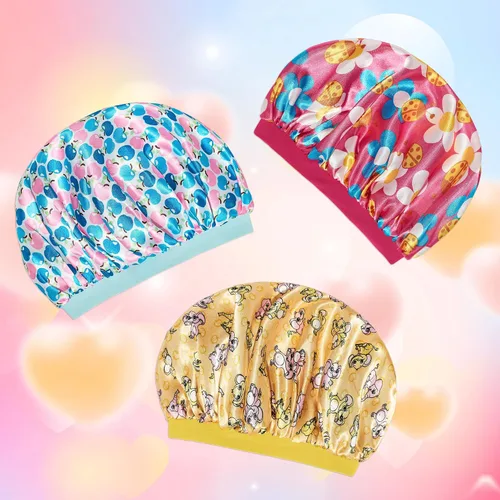 Vista 6 de 3 gorros para niños, gorros para niñas, gorro de seda satinada para dormir, gorro de dormir de banda ancha suave para trenzas de cabello rizado