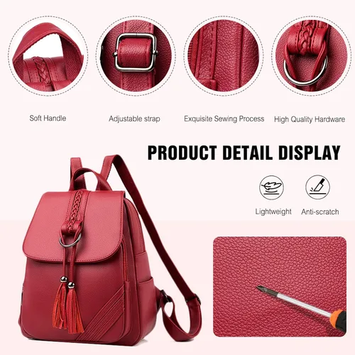 Vista 5 de FANDARE Mochila vintage para mujer con borla, mochila de cuero PU para mujer, Negro, Grande