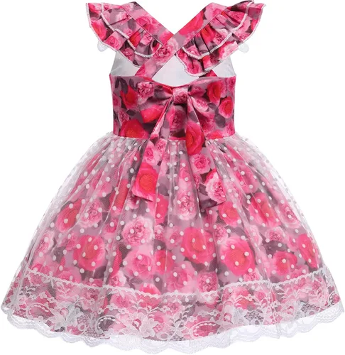 Vista 2 de IDOPIP Baby Girls Floral Tutu Dress Summer Mesh Lace Sleeveless Backless Princess Birthday Party Dresses with Headband Outfit