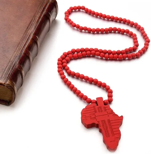 Vista 8 de Collar de cadena de cuentas de madera con dije de mapa de África, collar de hip hop, joyería de rapero para hombres