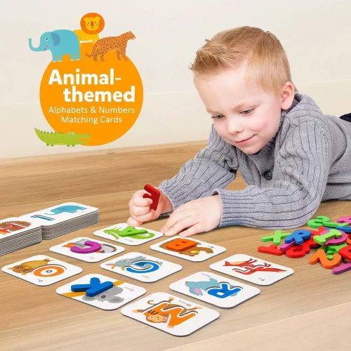 Vista 2 de Coogam Juego de Tarjetas Flash de Números y Alfabetos - Letras y Números de Madera ABC y Tablero con Patrón de Animales Juego de Rompecabezas
