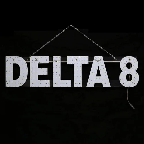 Vista 6 de Letreros LED grandes de Delta 8 de 30"x10" para negocios, diseño único súper brillante Letrero Delta 8 con instalación colgante, Letrero Delta 8