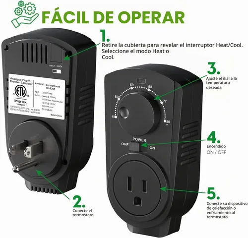 Vista 3 de EconoHome - Termostato ajustable universal con enchufe para calefacción y refrigeración - Compatible con la mayoría de los calentadores de pared