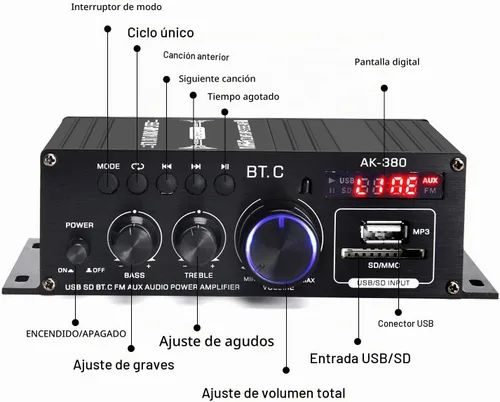 Vista 6 de AK-380 Bluetooth 5.0 Amplificador de audio para el hogar del coche Bar