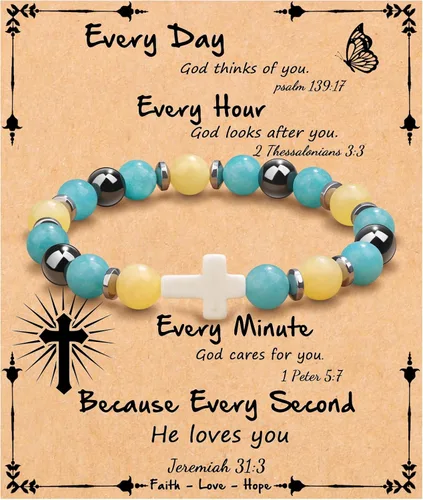 Vista 23 de JoycuFF Regalos Cristianos, Pulseras de Cruz para Mujeres, Joyería Cristiana Católica Religiosa de Fe de Pascua, Pulseras de Piedra Natural