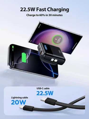 Vista 2 de Cargador portátil de 10000 mAh Banco de energía de carga rápida, paquete de batería USB C de 22.5W con cables incorporados, cargador portátil