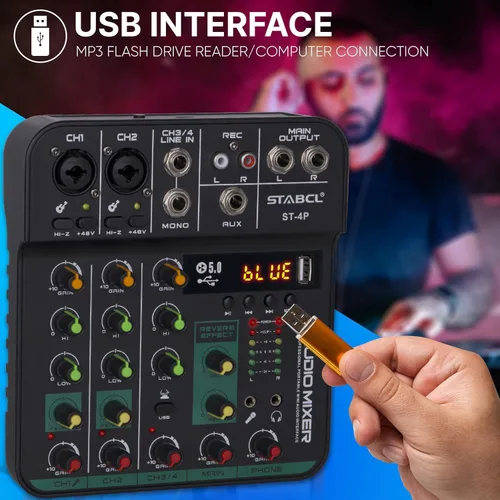 Vista 5 de Tablero mezclador de audio de 4 canales, consola de mezcla de tablero de sonido con USB digital Bluetooth 48V Phantom Power y Echo, pequeña interfaz