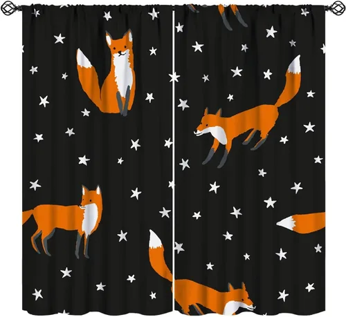 Vista 20 de Cortinas opacas de dibujos animados de animales de bosque naranja, zorro, flores, luna, hojas azules, arte abstracto, niños y niñas, decoración
