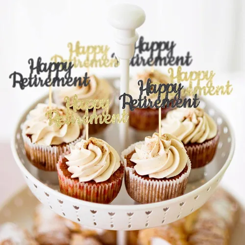 Vista 4 de 36 piezas de adornos oficiales para cupcakes de jubilación con purpurina para jubilados, decoración de pasteles para fiestas temáticas de despedida