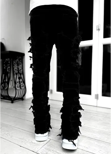 Vista 3 de Jeans apilados para hombre, ajustados, rasgados, elásticos, desgastados, rectos, pantalones de mezclilla hip hop, ropa de calle