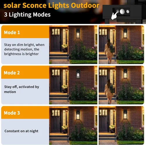 Vista 3 de Luces solares para exteriores con sensor de movimiento y 3 modos de iluminación, luces solares de pared impermeables para exteriores con panel