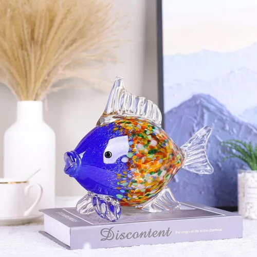Vista 6 de Colorida figura de pez de vidrio soplado – Escultura de animales de arte azul para decoración del hogar en la costa del océano, adorno de pez