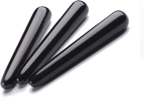 Vista 2 de AMOYSTONE Varita de cristal de obsidiana con piedras preciosas de meditación curativa Varita puntiaguda para masaje, color negro de 4 pulgadas