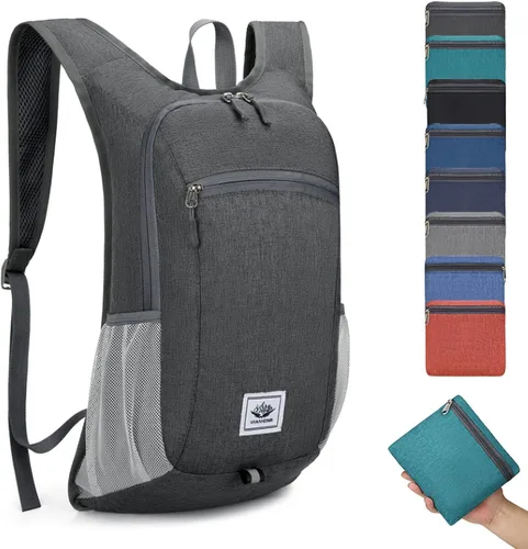 Vista 8 de DOJUNS Mochila de senderismo de 15 litros, mochila de viaje pequeña, ligera, plegable, plegable, mochilas de campamento para mujeres y hombres Negro