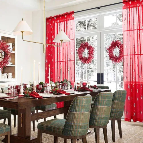 Vista 6 de Cortinas traslúcidas de Navidad para sala de estar, cortinas transparentes con estampado de copos de nieve de lujo, cortinas con bolsillo