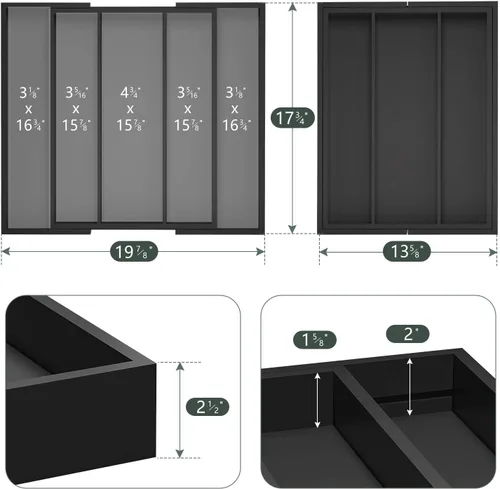 Vista 2 de Organizador de utensilios de cocina, bandeja de cubiertos – Organizador de cubiertos de bambú expandible, 5 ranuras, organizador de cubiertos Negro